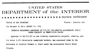 Interior Department Announces $8, 719, 000 Job-Creating Accelerated Public Works Projects in Twenty-Four States--August 12, 1963