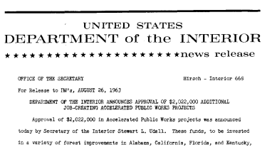 Department of the Interior Announces Approval of $2, 022, 000 Additional Job-Creating Accelerated Public Works Project--August 26, 1963