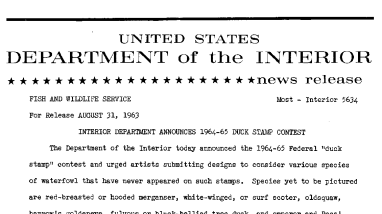 Interior Department Announces 1964-65 Duck Stamp Contest--August 31, 1963