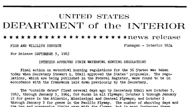 Interior Approves State Waterfowl Hunting Regulations--September 5, 1963