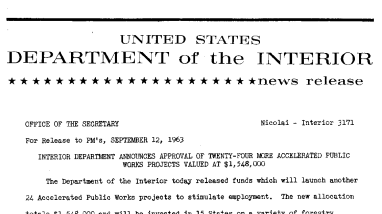 Interior Department Announces Approval of Twenty-Four More Accelerated Public Works Projects Valued at $1, 548,000--September 12, 1963- September 12, 1963