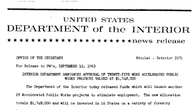 Interior Department Announces Approval of Twenty-Five More Accelerated Public Works Projects Valued at $1,748,000--September 12, 1963