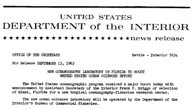 New Oceanography Laboratory in Florida to Boost United States Ocean Sciences Effort--September 13, 1963