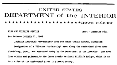 Interior Announces "no-Hunting" Zone for Cross Creeks Refuge, Tennessee--October 11,1963