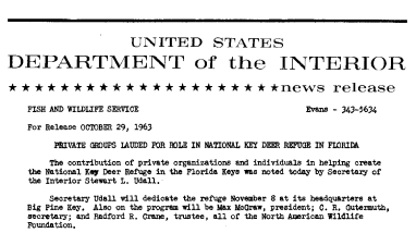 Private Groups Lauded for Role in National Key Deer Refuge in Florida--October 29, 1963