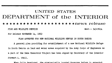 Plan Approved for New National Wildlife Refuge in South Dakota--November 14, 1963