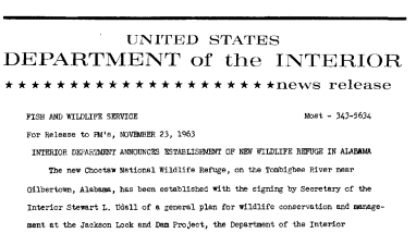 Interior Department Announces Establishment of New Wildlife Refuge in Alabama--November 23, 1963