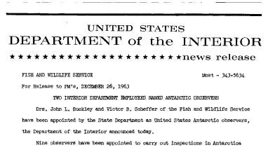 Two Interior Department Employees Named Antarctic Observers--December 26, 1963