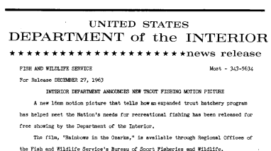 Interior Department Announces New Trout Fishing Motion Picture--December 27, 1963