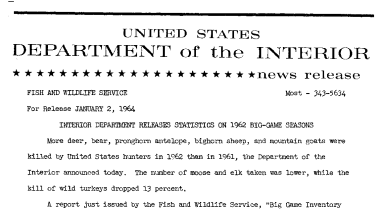Interior Department Releases Statistics on 1962 Big-Game Seasons--January 2, 1964