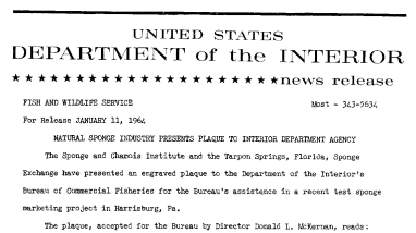 National Sponge Industry Presents Plaque to Interior Department Agency--January 11, 1964