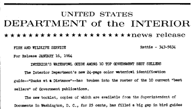 Interior's Waterfowl Guide Among 10 Top Government Best Sellers--January 16, 1964