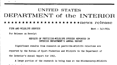 Results of Pesticide-Wildlife Studies Reported in Interior Department's Annual Report--February 4, 1964
