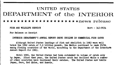 Interior Department's Annual Report Shows Declinen in Commercial Fish Catch--February 4, 1964