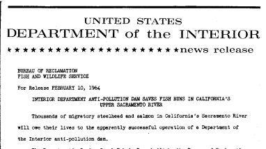 Interior Department Anti-Pollution Dam Saves Fish Runs in California's Upper Sacramento River--February 10, 1964