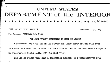 Fur Seal Treaty Countries to Meet in Moscow--February 15, 1964