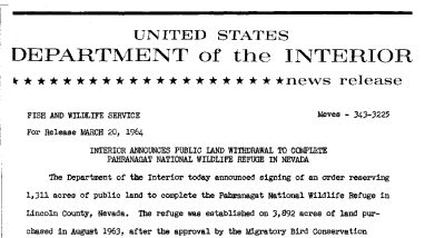 Interior Announces Public Land Withdrawal to Complete Pahranagat National Wildlife Refuge in Nevada--March 20, 1964