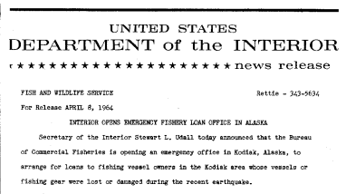 Interior Opens Emergency Fishery Loan Office in Alaska--April 8, 1964