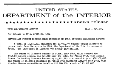 Hunting and Fishing License Sales Increased in 1963, Interior Department Reports--April 20, 1964