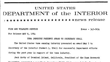 Tuna Industry Presents Waward to Secretary Udall--May 6, 1964