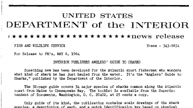 Interior Publishes Anglers' Guide to Sharks--May 6, 1964