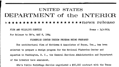 Fisheries Center Design Program Eing Prepared--May 8, 1964