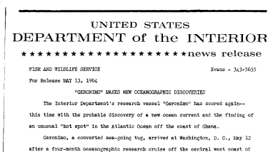 "Geronimo" Makes New Oceanographic Discoveries--May 13, 1964