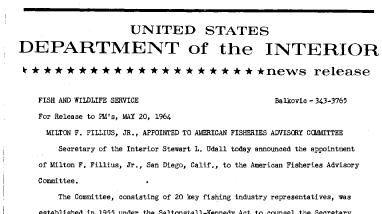Milton F. Fillius, Jr., Appointed to American Fisheries Advisory Committee May 20, 1964