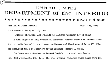 Interior Announces Loan Program for Alaskan Fishermen Hit by Quake--May 25, 1964