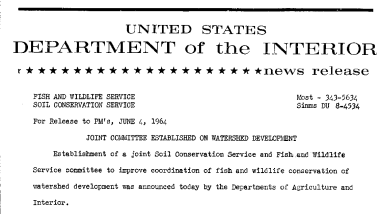 Joint Committee Established on Watershed Development--June 4, 1964