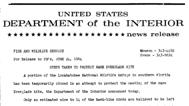 Steps Taken to Protect Rare Everglade Kite- June 24, 1964