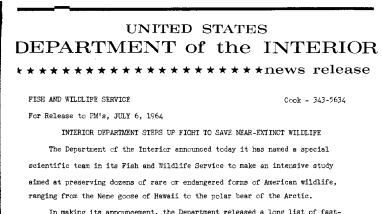 Interior Department Steps up Fight to Save Near Extinct Wildlife--July 6, 1964