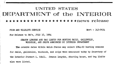 Season Lengths and Bag-Limits for Hunting Rail, Gallinules, Woodcock, and Snip Announced by Interior Department--July 10, 1964