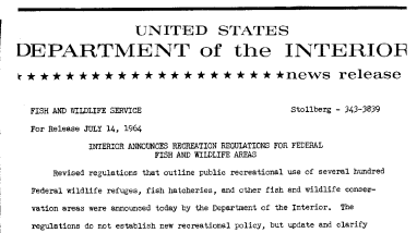 Interior Announces Recreation Regulations for Federal Fish and Wildlife Areas--July 14, 1964