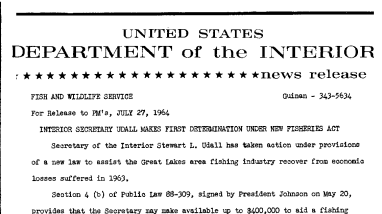 Interior Secretary Udall Makes First Determination Under New Fisheries Act--July 27, 1964