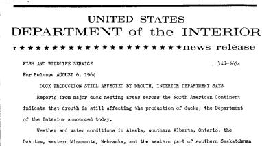 Duck Production Still Affected by Drought, Interior Department Says--August 6, 1964