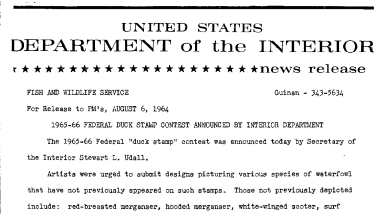 1965-66 Federal Duck Stamp Contest Announced by Interior Department--August 6, 1964
