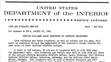 Surplus Big-Game Sales Announced by Interior Department--August 10, 1964