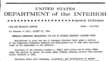 Interior Announces Regulations for Use of Fishery Resource Disaster Funds--August 27, 1964