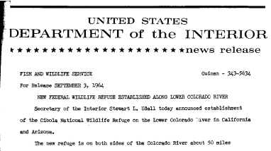 New Federal Wildlife Refuge Established Along Lower Colorado River--September 3, 1964