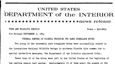 Federal Refuge in Florida Produces Two Rare Everglade Kites--September 3, 1964
