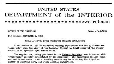 Udall Approves State Waterfowl Hunting Regulations--September 4, 1964