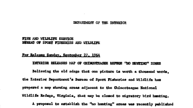 Interior Releases Map of Chincoteague Refuge "No Hunting" Zones--September 27, 1964