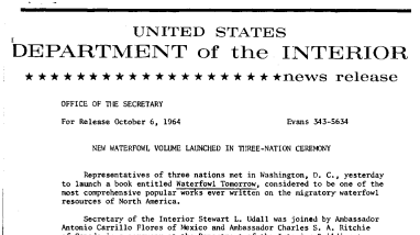 New Waterfowl Volume Launched in Three-Nation Ceremony--October 6, 1964