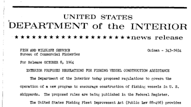 Interior Proposes Regulations for Fishing Vessel Construction Assistance--October 8, 1964