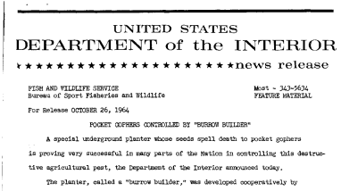 Pocket Gophers Controlled by "Burrow Builder"--October 26, 1964
