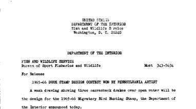 1965-66 Duck Stamp Design Contest Won by Pennsylvania Artist--November 24, 1964