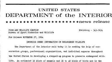 Interior Seeks Information on Endangered Wildlife--November 27, 1964