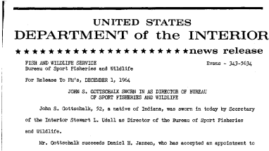 John S. Gottschalk Sworn in as Director of Bureau of Sport Fisheries and Wildlife--December 1, 1964