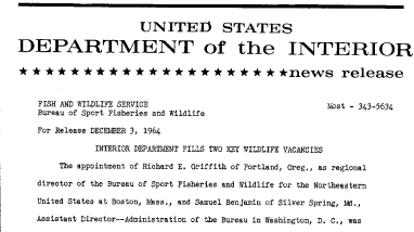 Interior Department Fills Two Key Wildlife Vacancies--December 3, 1964